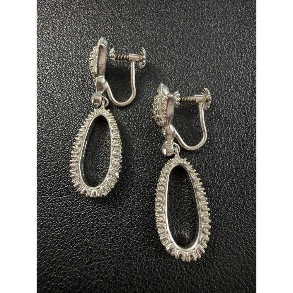 OTIS Sterling Art Deco Rhinestone Suspended Hoop Screw Back Earrings Floral